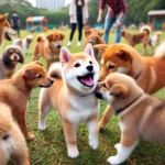 Un Shiba Inu montrant une expression à la fois indépendante et fidèle. Par exemple, un chien regardant au loin, mais jetant un coup d'œil vers son propriétaire en arrière-plan, suggérant à la fois indépendance et loyauté.