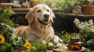 golden retriever portrait jardin