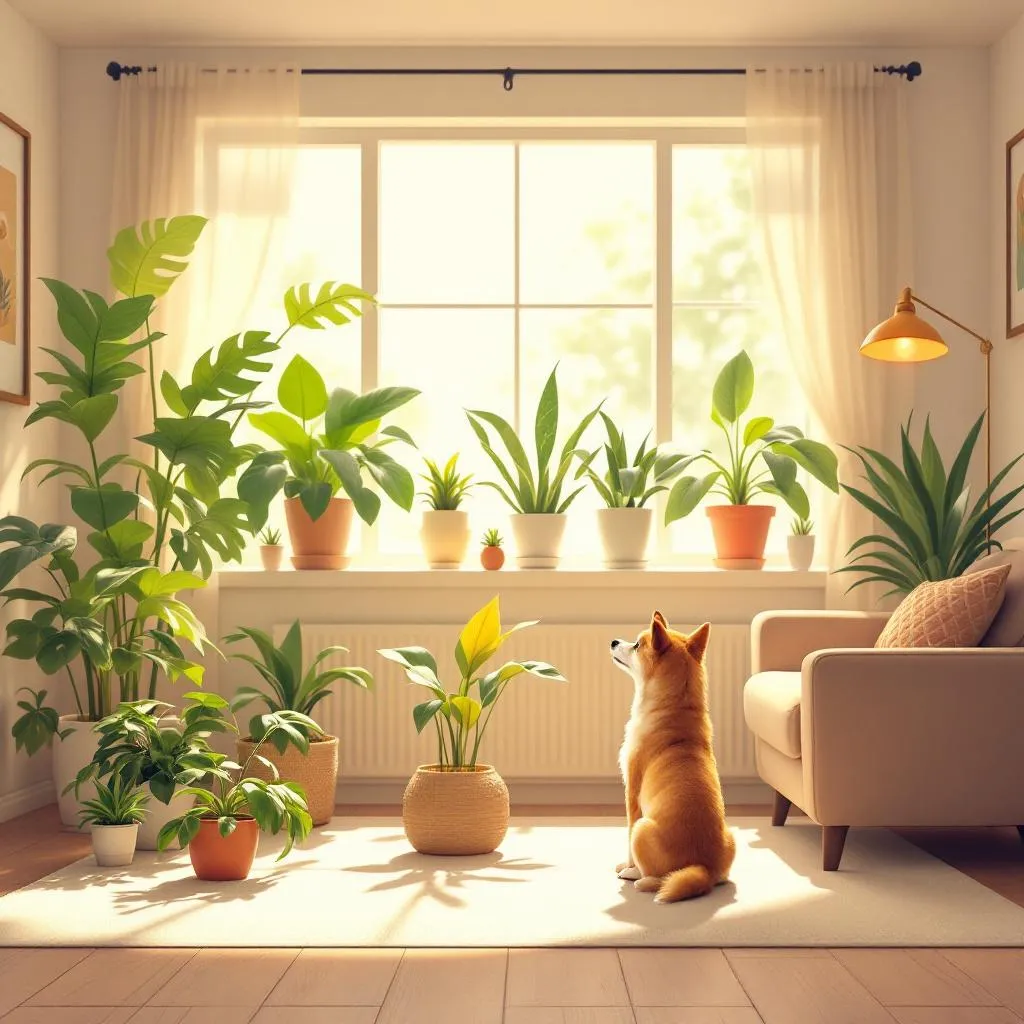 Shiba dans un salon avec plein de plantes