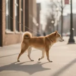 La traction en laisse chez le Shiba Inu : pourquoi et comment y remédier Shiba Inu marchant en laisse détendue sur un trottoir