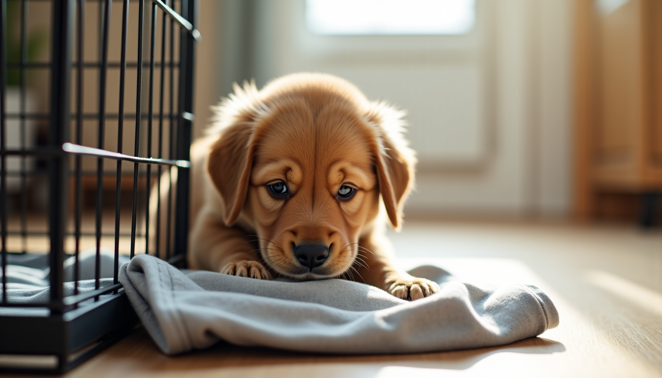 Chiot installé dans sa caisse de transport ouverte, avec une couverture douce à l'intérieur