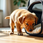 Chiot explorant l'ouverture de sa caisse de transport posée au sol dans un salon