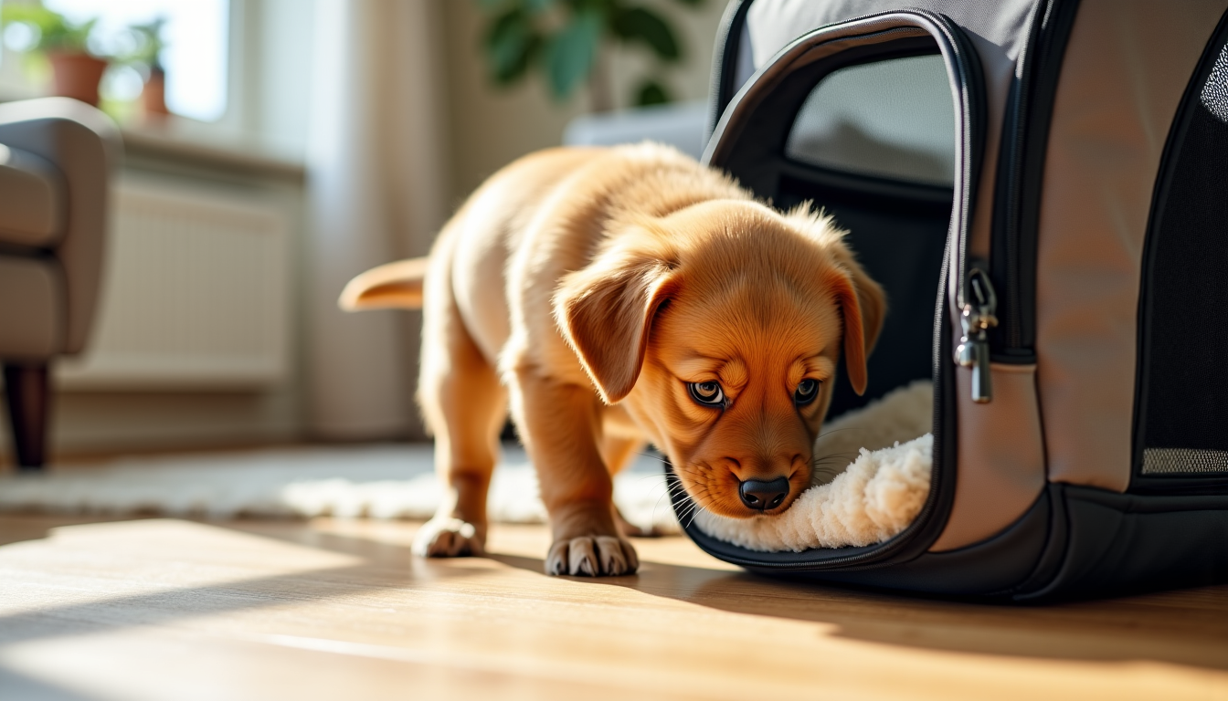 Chiot explorant l'ouverture de sa caisse de transport posée au sol dans un salon