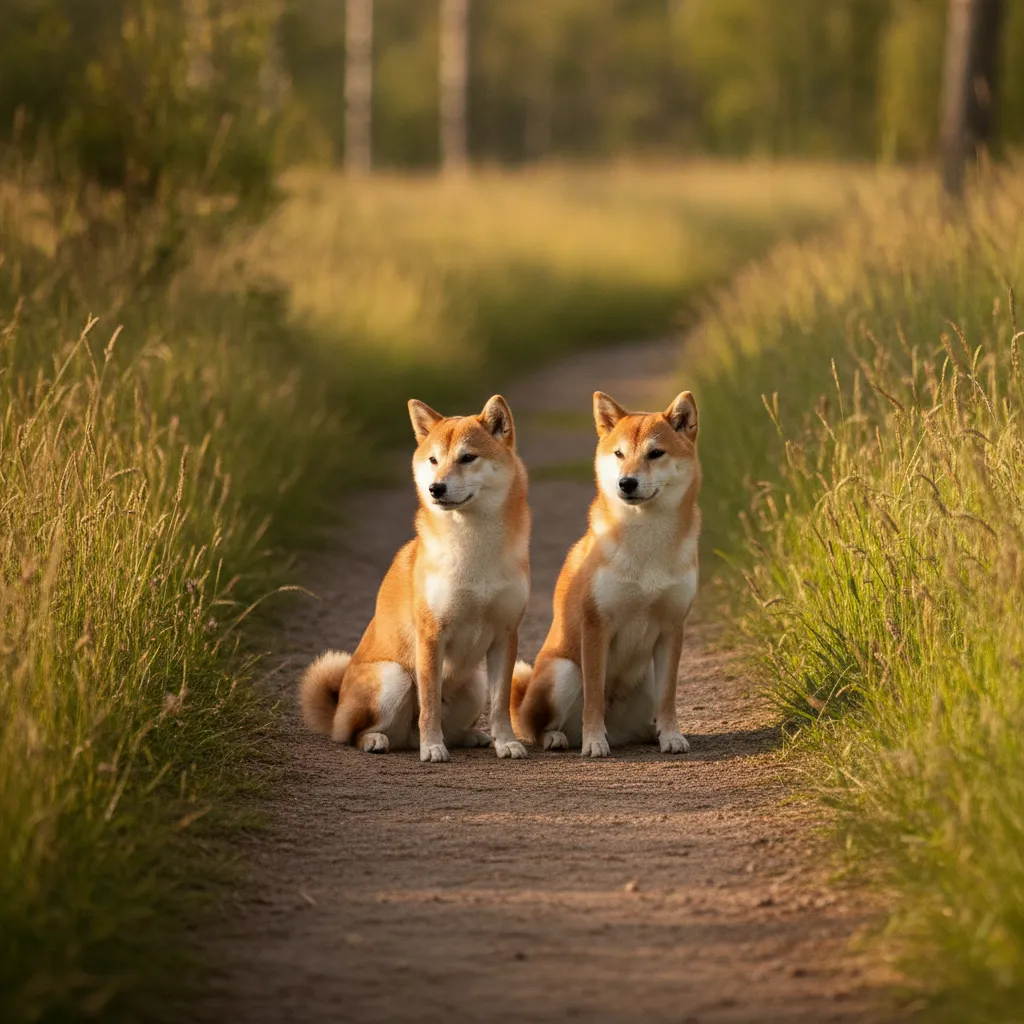 Deux Shiba Inu adultes de gabarits différents assis côte à côte sur un chemin