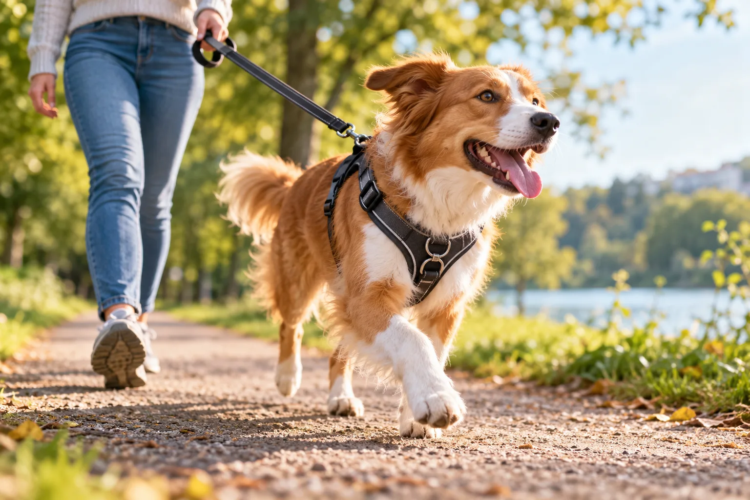 Chien qui tire sur sa laisse pendant une promenade