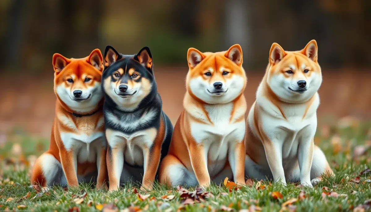 Quatre Shiba Inu assis dans l'herbe d'automne, trois aux robes rousses plus ou moins soutenues et un noir et feu, tous avec l'urajiro clair sur les joues et le poitrail
